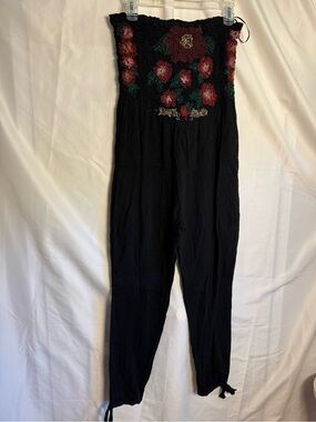NWOT Free People Black Strapless Floral Cottage Whimsy Beachy Embroider Jumpsuit